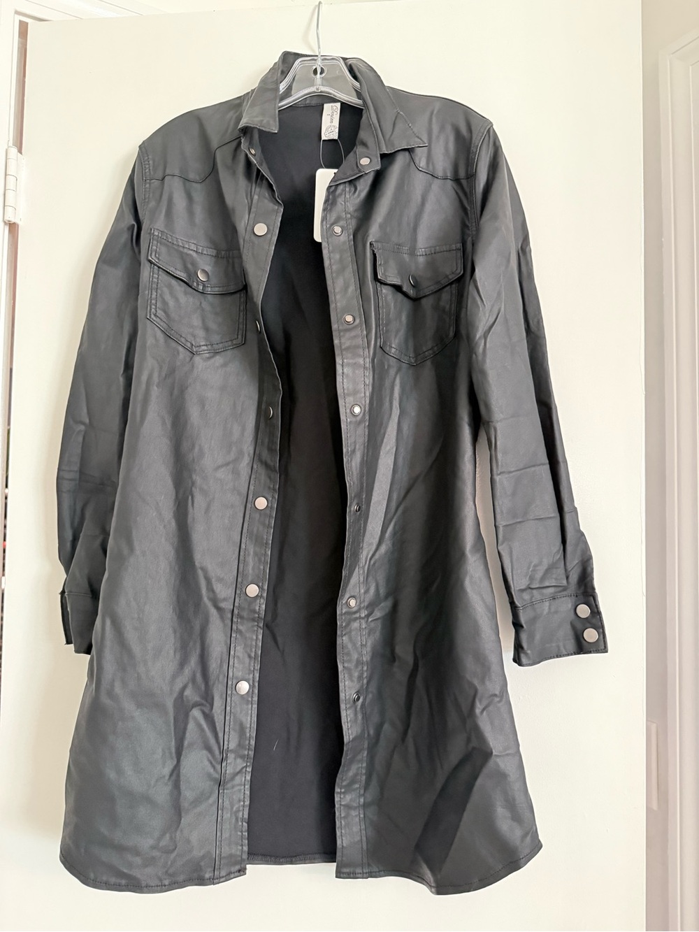 Doma Black Faux-Leather Long Trench Shirt Jacket